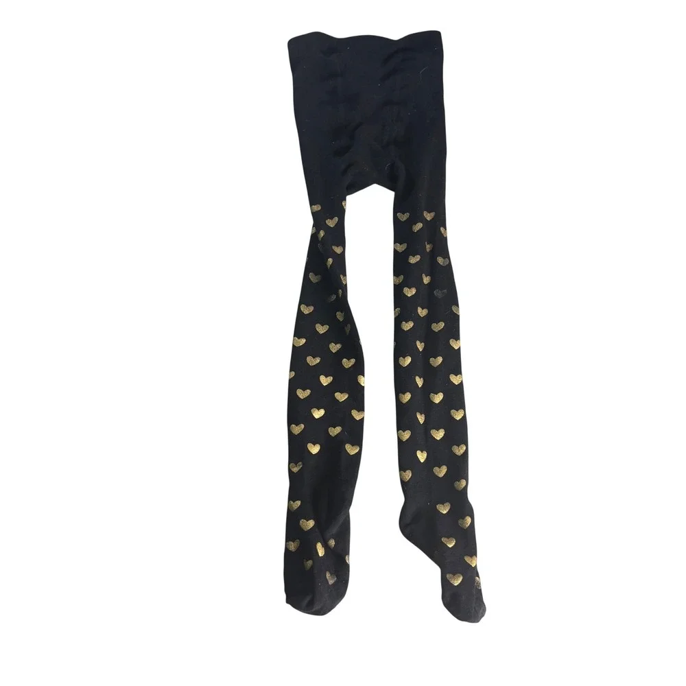 Kids Footed Tights Girls L 12-16 Black Gold Hearts Foil Footed‎ Sparkle Dance